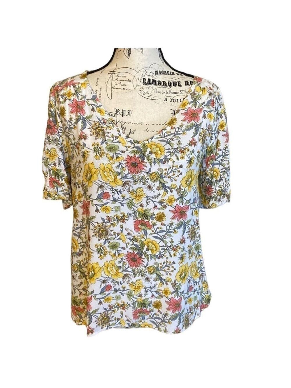LOFT Floral Top V Neck Elastic Cuff Sleeves Yellow Multi Size S